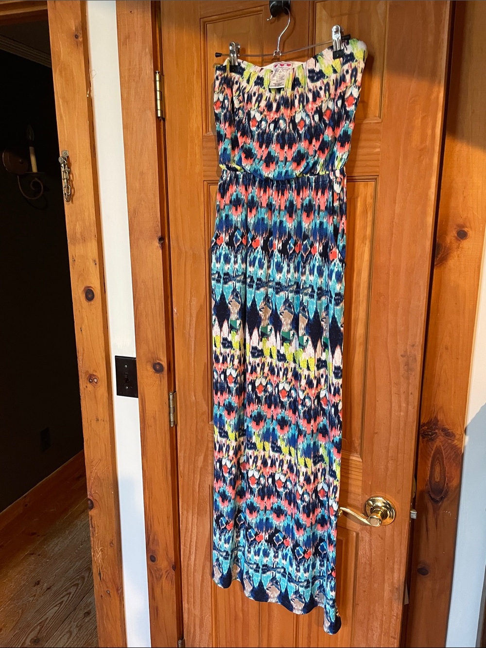 Trixxi Strapless Ikat-Print Maxi Dress in Blue, Pink & Yellow